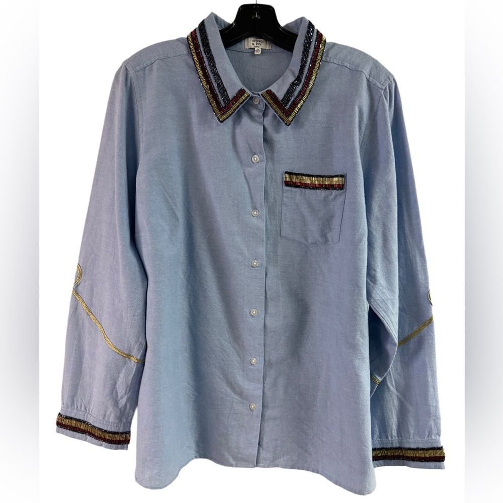 NWT Crown & Ivy Lasting Lux Blue Sequin Button Down Top Plus Size 1X